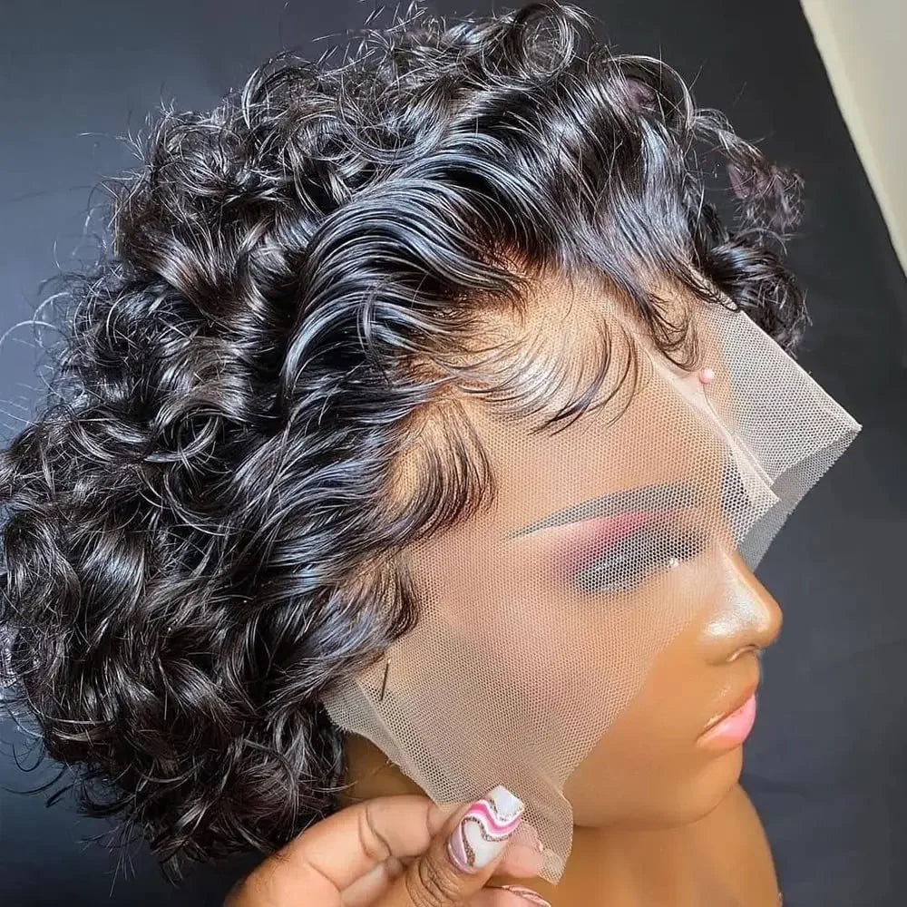 Peruvian Hair Side Part Wig Human Hair 13x4 Lace Frontal Kinky Curly Wig Pixie Short Bob Natural Black Color Water Curly Wig