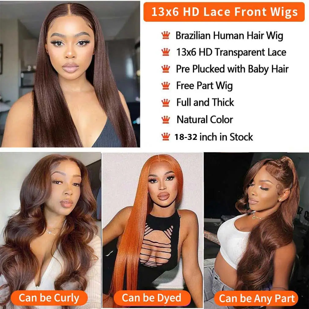 #4 Chocolate Brown Human Hair Wig 13x4 13x6 Hd Lace Frontal Wigs Pre Plucked 200% Density Straight Brown Human Hair Wig