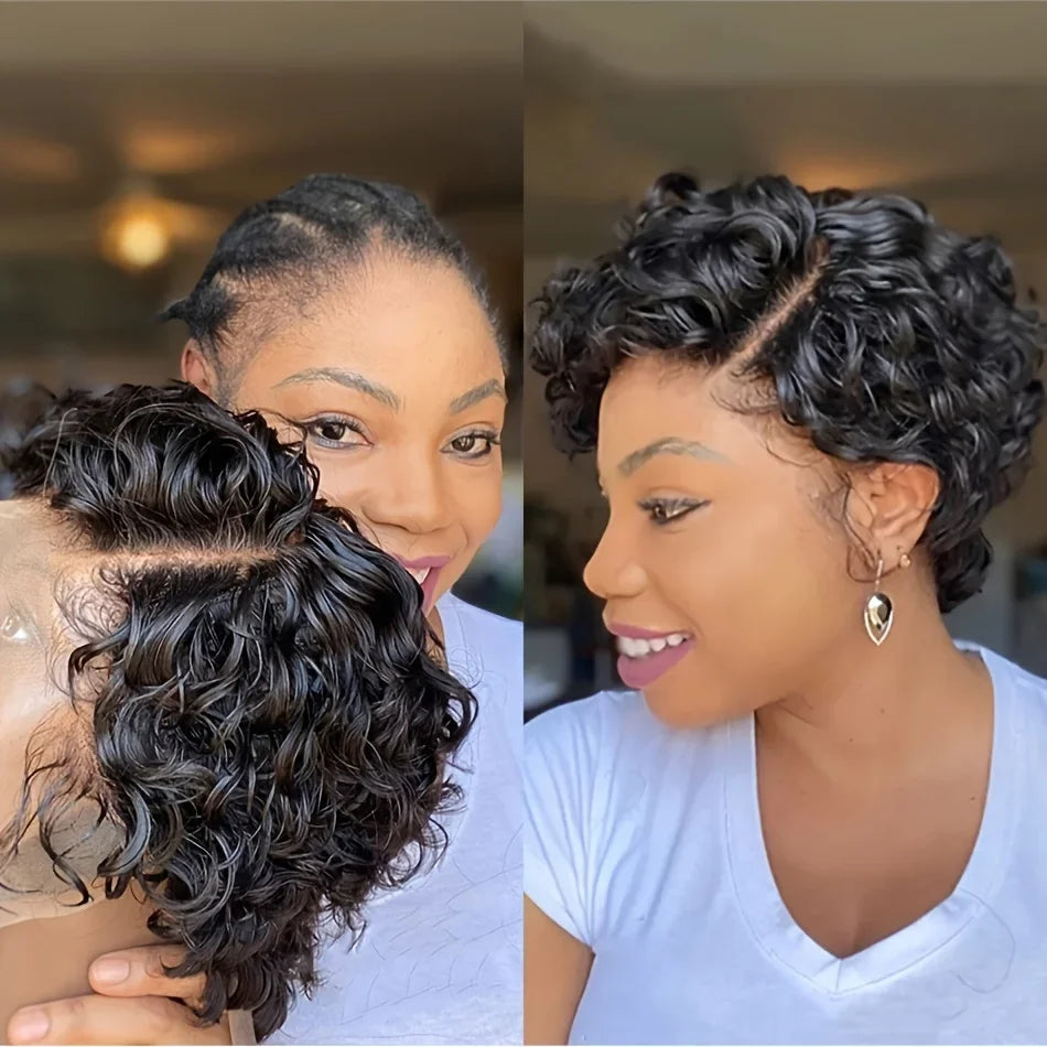 Peruvian Hair Side Part Wig Human Hair 13x4 Lace Frontal Kinky Curly Wig Pixie Short Bob Natural Black Color Water Curly Wig
