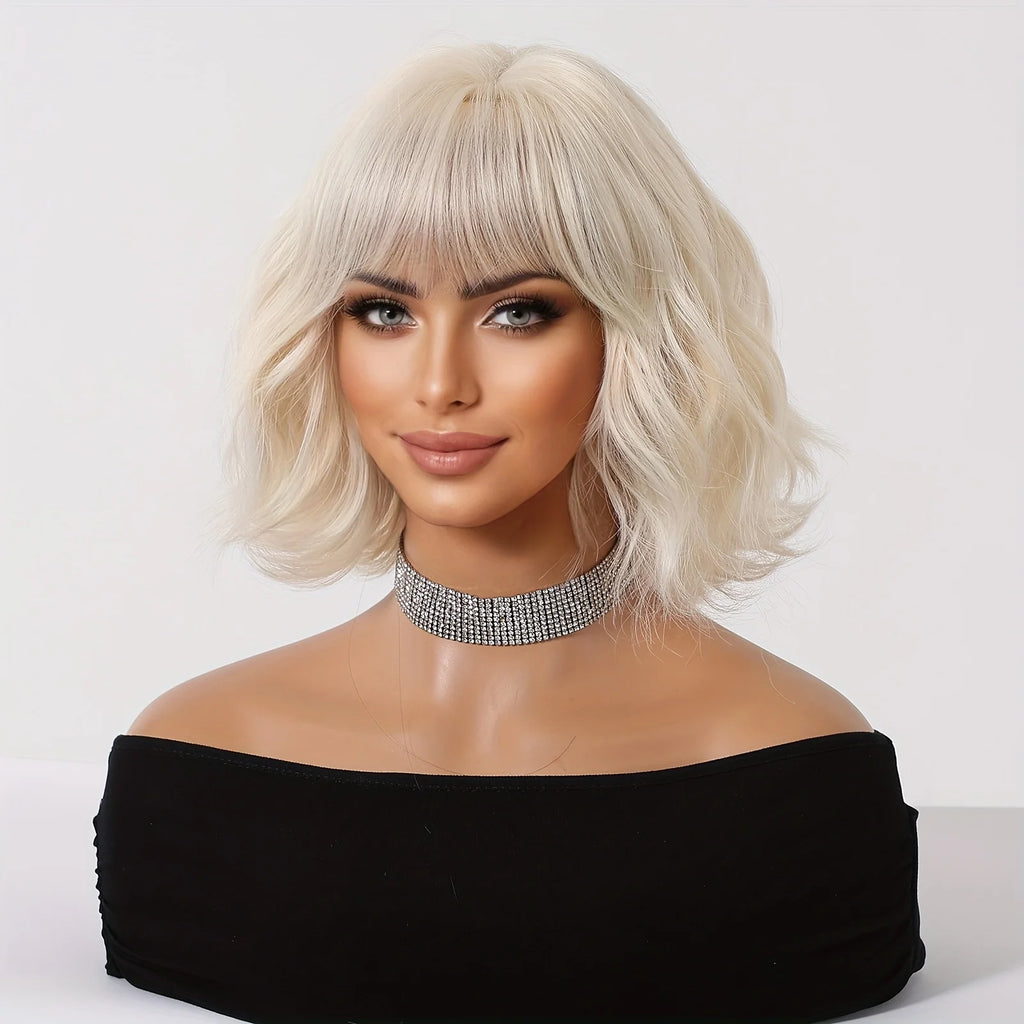 Synthetic Wig for Women, Short Machine-Made Curly Hair, Off-White, Enhances Complexion and Elegance, European and American Style Synthetic Wig