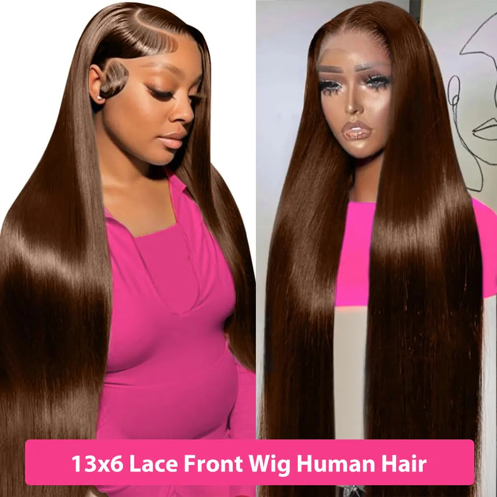 #4 Chocolate Brown Human Hair Wig 13x4 13x6 Hd Lace Frontal Wigs Pre Plucked 200% Density Straight Brown Human Hair Wig