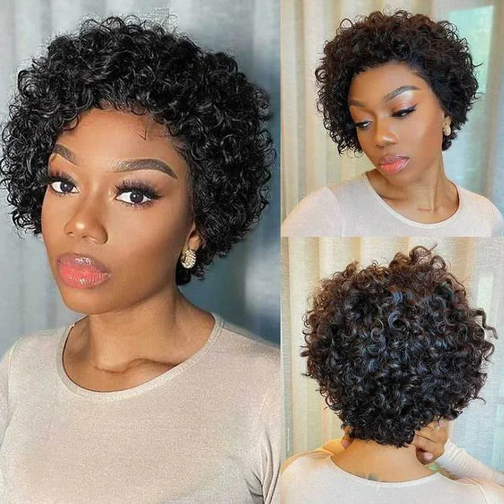 Peruvian Hair Side Part Wig Human Hair 13x4 Lace Frontal Kinky Curly Wig Pixie Short Bob Natural Black Color Water Curly Wig